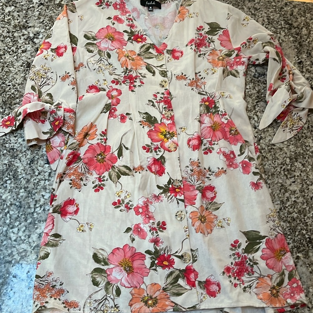 Lipslide, Floral, Buttoned, Short Sleeve, Dress, Pink, Coral, Cream, Size Medium